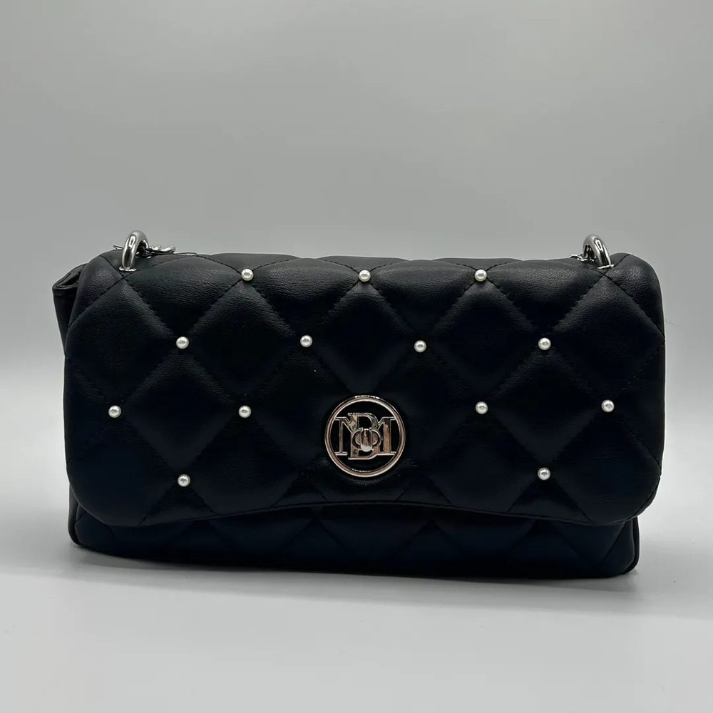 Badgley Mischka Black Quilted Shoulder Bag with Studded Embellishments